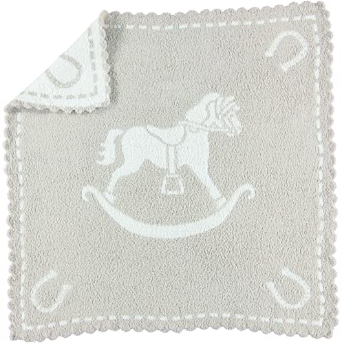 Barefoot Dreams 551 CozyChic Scalloped Receiving Blanket (Stone/White-Rocking Horse)