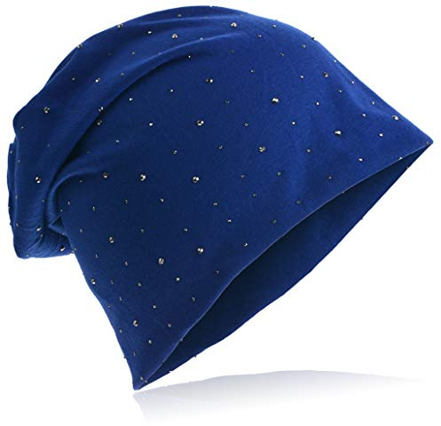 Miobo slokande beanie/lång mössa av jerseytyg med eleganta strassstjärnor/nitapplikationer, unisex, enfärgad trendig mössa för män och kvinnor, marinblå, En Storlek