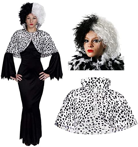 Evil Dog Lady Fancy Dress Costume - Large - Long Black Dress + Half Black Half White Wig + Dog Lady Cape - Perfect for Halloween