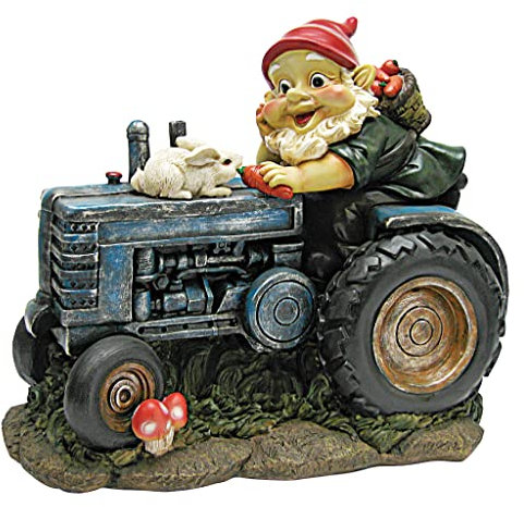 Garden Gnome Statue - Bunny on Board Garden Gnome Tractor - Lawn Gnome, Full Color