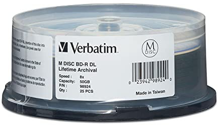 Verbatim M DISC BD-R DL 50GB 8X with Branded Surface Blank Blu-Ray Recordable Media – 25pk Spindle,White