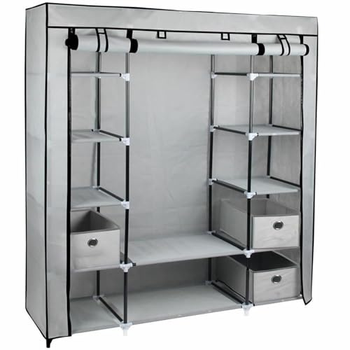 Gr8 Home Large Grey Fabric Canvas Bedroom Wardrobe With Hanging Rail Shelving Clothes Storage Cupboard Unit