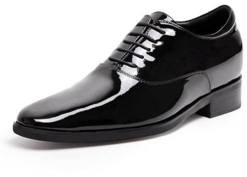 CHAMARIPA Scarpe Rialzate Uomo 7 cm Aumento Altezza Invisibile, Oxford in Pelle Verniciata Nera a Punta Quadrata 41EU