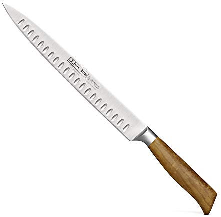 Burgvogel Solingen Tranchiermesser 26 cm geschmiedet Olivenholz, Oliva Line, spitz, rostfrei, deutsches Aufschnittmesser mit Kullenschliff, hell, scharf, Braun Beige, C 10“ = 26 cm, 6880.926.26.6