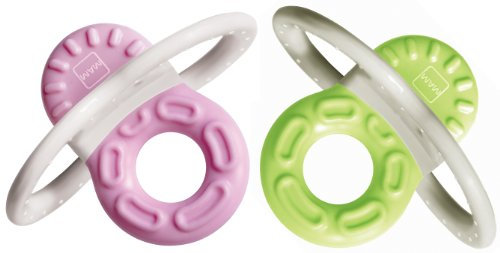 MAM Bite & Relax Phase 1 Mini Beißring im 2er-Set, Zahnungshilfe speziell für die Vorderzähne, extra kleiner und leichter Beißring für Babys, ab 2+ Monate, rosa und grün