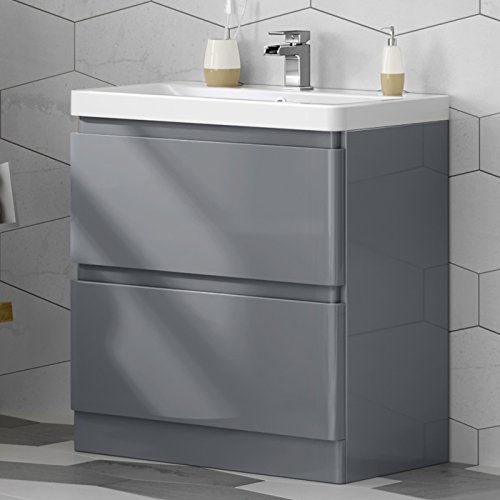 800 mm Grey Vanity Sink Unit Ceramic Basin Bathroom Drawer Storage Furniture