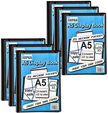 Display Book - 24 Pockets Black Presentation A5 Display Book Folder Folio for Professionals, Business, Students, Projects, School, College & Personal Use by Arpan (Pack of 6)