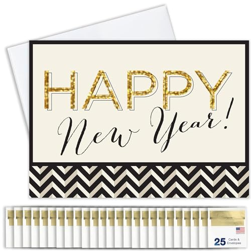 New Years Cards for Business & Family (Zig-Zag Design) Greeting Card Set Pack of 25 Happy New Year Cards with Envelopes for 2026 (5x7 inch - A7) Great for Office, Work, Employees & Clients N1601
