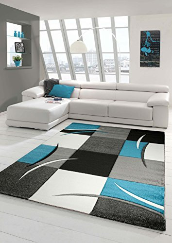 Wohnzimmer-Designer-Teppich, zeitgenössischer Florteppich mit Diamanten, Konturenschnitt, Motiv Türkis, Grau, Weiß, Schwarz, 60 x 110 cm