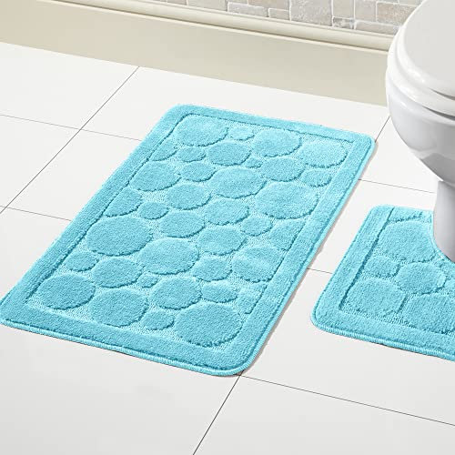 Olivia Rocco Cali Bubbles 2 Piece Bath Mat & Pedestal Set Non Slip Soft Absorbent Toilet Bathroom Mats Sets (Aqua)
