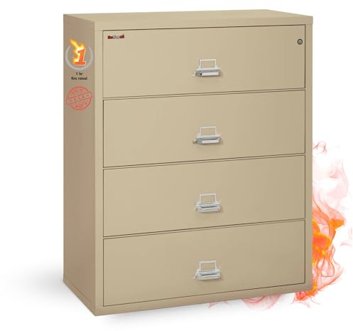 Fireking Fireproof Lateral File Cabinet (4 Drawers, Impact Resistant, Water Resistant), 44 W x 22 D, Parchment, Made in USA