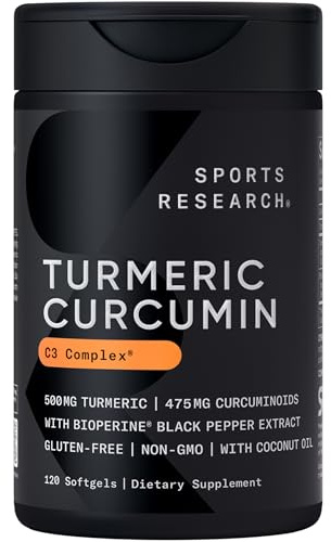 Sports Research® Turmeric Curcumin C3 Complex® w/BioPerine Black Pepper Extract & Organic Coconut Oil - Standardized 95% Curcuminoids · Non-GMO · Gluten Free - 120 Count Softgels