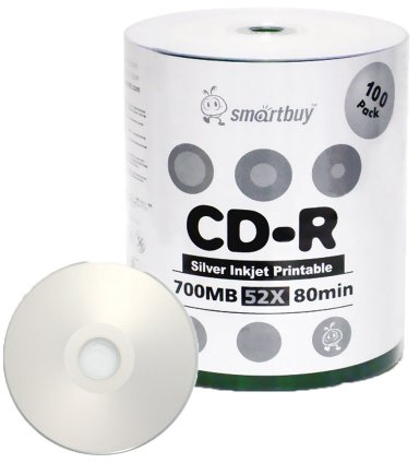 Smartbuy 100-disc 700mb/80min CD-R Silver Inkjet Hub Printable Blank Disc