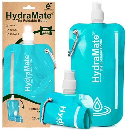 HydraMate Faltbare Trinkflasche 750ml Wiederverwendbare Faltbare Wasserflasche. Zusammenklappbare, Leichte, Flexible, Rollbare, BPA FREIE. Wasserbeutel Nachfüllbar Mit Karabinerhaken. Aqua