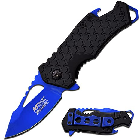 MTech USA – Spring Assisted Folding Knife – Blue Fine Edge Stainless Steel Blade with Black Nylon Fiber Handle, Bottle Opener, Pocket Clip, Tactical, EDC, Self Defense- MT-A882BL