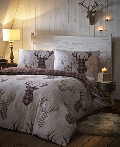 DE CAMA Parure de lit 3 pièces avec Housse de Couette en Coton et Polyester Motif Tartan à Carreaux pour très Grand lit Marron