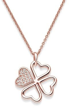 Kleeblatt Anhänger Glücksbringer Rosegold (Silber 925 hochwertig vergoldet) Zirkonia Halskette mit Kleeblatt Glück Kette Blattanhänger Silber Glückskette Damen Herzkette