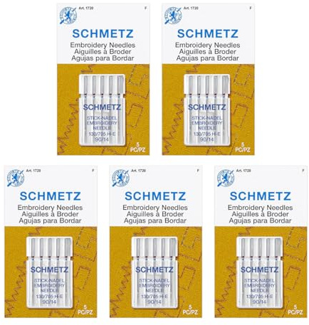 SCHMETZ Embroidery Sewing Machine Needles - Precision Needles, Size 90/14, 5-Needle Cards, Pack of 5