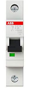 ABB S201M-C20 Miniature Circuit Breaker, 1 Pole, Type C, 10kA/15kA Breaking Capacity, 20 Amp Current (2CDS271001R0204)