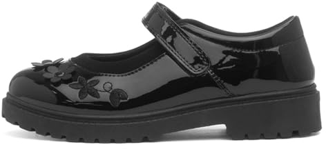 Walkright Girls Black School Shoes Patent 3D Flower Easy Fasten