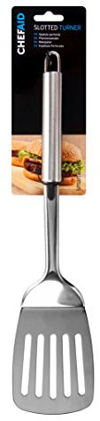 Chef Aid Stainless Steel Slotted Turner, Ideal Spatula for kitchen and BBQ, Slots allow for grease and oil drain before transfer fitted with easy store hanging loop, Dishwasher Safe, Silver, 28cm long