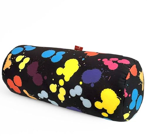 COVERBAGBCN - Cuscino Rotondo Anti-Stress Relax | Sollievo per Collo e Lombare | Riempimento con Microperle Confortevoli | Tessuto Lycra| Lavabile in Lavatrice | 35x15 cm (Nero con Macchie Colorate)