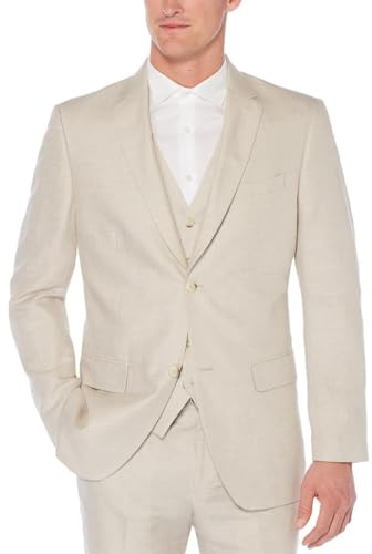 Perry Ellis Men's Linen-Blend Suit Jacket, Breathable Single Breasted Blazer, Regular Fit, with Chest Pocket (Sizes 36-54), 46, Natural Linen Herringbone