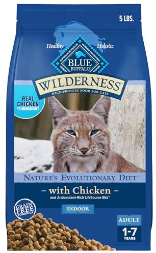 Blue Buffalo Wilderness Natural Adult Dry Cat Food Indoor Cats, High-Protein & Grain-Free, Chicken, 5-lb. Bag