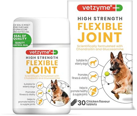 Vetzyme High Strength Flexible Joint Supplements for Senior Dogs (30 Tablets) - Hip and Joint Care with Chondroitin and Glucosamine, Tasty Chicken Flavour