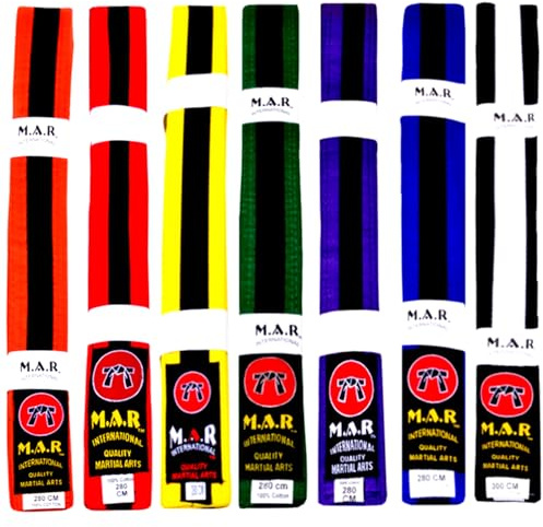 MAR INTERNATIONAL Red & Black Martial Arts Belt – 100% Cotton Stripped Ranking Belt with 9 Rows of Stitching – Coloured Grading Belts for Karate, Judo, Taekw, Jiu jitsu (250cm)