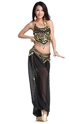 ZLTdream Lady's Belly Dance Chiffon Banadge Top and Lantern Coins Pants Black, One Size