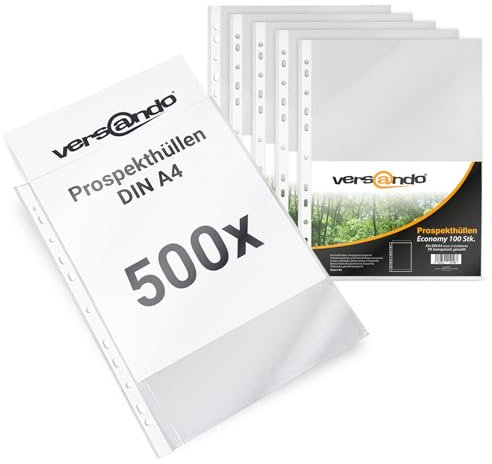 versando 500x A4 Prospekthüllen Economy mit Heftrand Klarsichthüllen genarbt transparent 45my (5x100 Stück)
