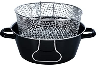 Riess, 0052-022, Pommes-frites Pfanne mit Einsatz 24, CLASSIC - SCHWARZEMAILLE, Durchmesser 24 cm, Höhe 10,5 cm (ohne Einsatz 9,7 cm), Emaille, schwarz, Induktion