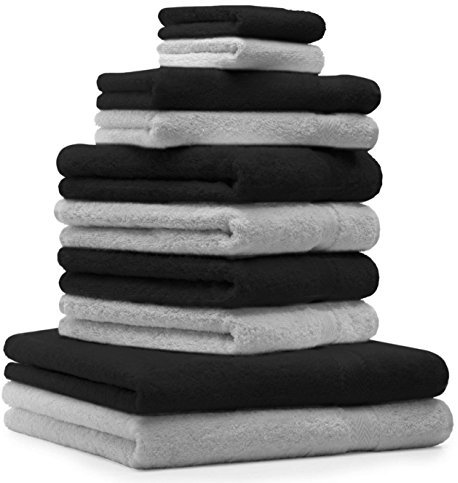 Betz Premium Handtuch-Set 10-teilig – 100% Baumwolle – Oeko-TEX® Zertifiziert – saugfähig&weich – 470g/m² – Duschtücher, Handtücher, Gästetücher & Waschhandschuhe – Farbe Silber Grau & Schwarz