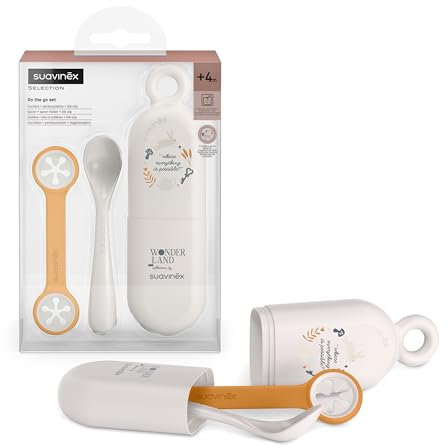 Suavinex, Set Cuchara y Estuche Portacucharas y Sujeta-baberos, para Comer Fuera de Casa, Cubiertos para Llevar, con Cuchara de Aprendizaje, Apto Lavavajillas, Bebés +4 Meses, Diseño Wonderland, Beige