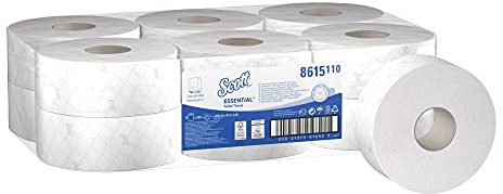 Scott Essential Jumbo Roll Toilet Tissue 8615 - 2 Ply Toilet Paper - 12 Rolls x 500 White Toilet Paper Sheets (2,400m)