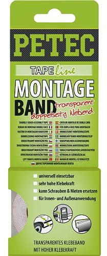 PETEC Montageband 2m x 19mm x 0,2mm Doppelseitiges Hochleistungs-Klebeband transparente. 87192