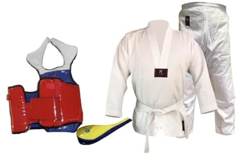 Budodrake Taekwondo Junior-Set XXL: TKD-Anzug, Weißgurt, Kinder-Wendeweste, Klatschpratze speziell für Kinder (120)