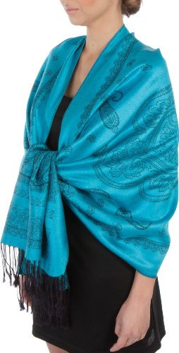 FUPashPais95AG Leichter zweifarbiger Paisley Design Pashmina Schal / Stola - Torkis / Schwarz