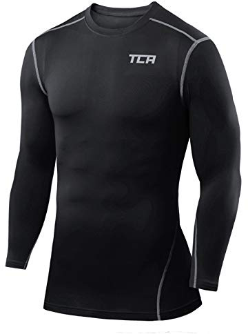 TCA Men Long Sleeve Compression Shirt, Athletic Workout Sports Undershirt Base Layer Top - Black, M