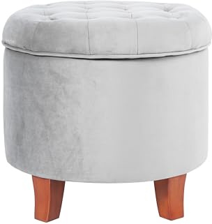 Kinfine en Velours tufté Rond Ottomane de Rangement avec Couvercle Amovible, Tissu, Gris, 19 x 18