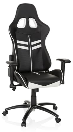 hjh OFFICE Gaming-Stuhl League PRO mit Armlehnen, ergonomischer Sportsitz, Kopfstütze, Höhenverstellbar, Zocker-Sessel, 729200 (schwarz weiß, Kunstleder)