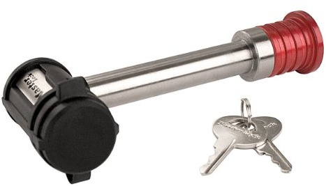 Master Lock Silver and Red Receiver Lock, Stainless Steel Barbell™ Hitch Pin Lock, Fits 5/8 in. Receivers, Weather Resistant Automotive Receiver Lock, 1469DAT