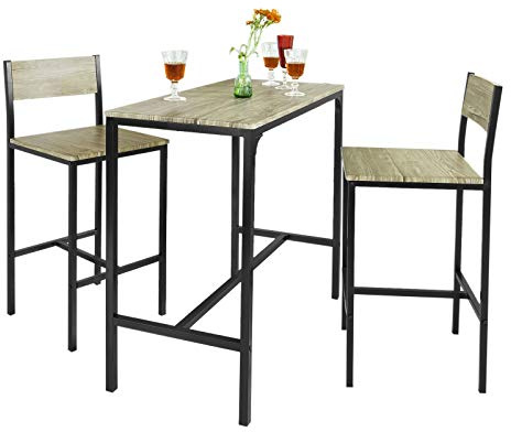 SoBuy Ensemble Table Haute de Cuisine 87 cm avec 2 tabourets de Bar – Meuble Bar Compact Mange Debout pour Petit Espace, Balcon, Salon ou Cuisine – Style Industriel Bois et métal OGT03-N