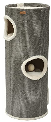 nanook Kratztonne Kratzbaum Oskar - Spieltonne für Katzen XXL mit 3 Höhlen und Spielball - Höhe 100 cm Ø 37 cm - Farbe: grau