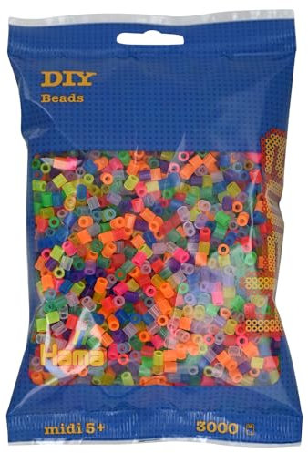 Hama Perlen 201-80 Bügelperlen Beutel mit ca. 3.000 bunten Midi Bastelperlen mit Durchmesser 5 mm im Neon Transparent Mix, kreativer Bastelspaß für Groß und Klein