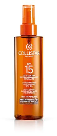 Collistar Olio Secco Superabbronzante Idratante SPF 15, Protezione Solare Media, Intensifica l’Abbronzatura, Per Corpo, Viso e Capelli, Non Unge, Rapido Assorbimento, 200 ml