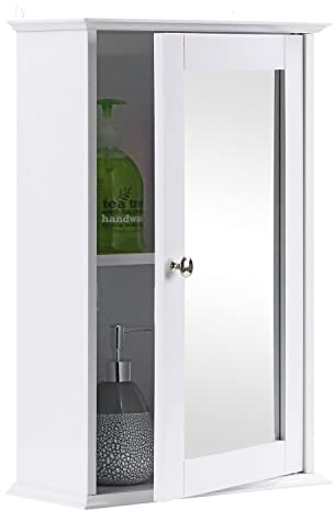 Taylor & Brown Single Door Mirrored Bathroom Cabinet Storage Cupboard Organiser Wall Mounted Mirror Cabinet with Adjustable Shelf, White 34cm x 15cm x 53cm