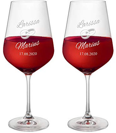 AMAVEL Set 2 Calici da Vino Rosso con Incisione, Bicchieri Personalizzati con Nomi e Data, Fedi Nuziali, Calici in Vetro per Sposi, Idee Regalo Matrimonio e Anniversario