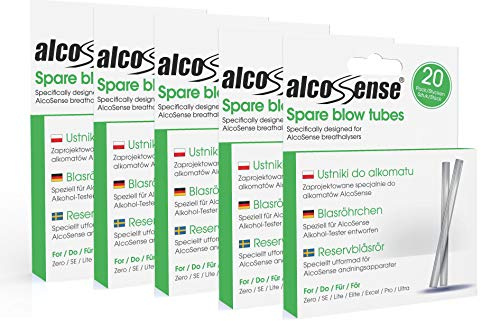 AlcoSense 100 Breathalyser Blow Tubes (5 Packs of 20) - Suitable for the Zero, Lite, Lite 2, Elite, Elite 2, Elite 3, Excel, Pro and Ultra Breathalyzer